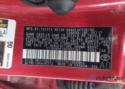 2017 Toyota Corolla Le z USA, uszkodzony, nr VIN 2T1BURHE4HC902363